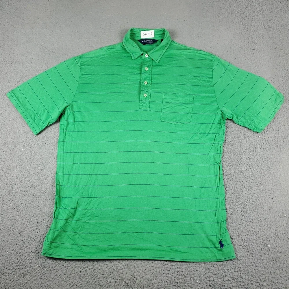 Polo Golf Ralph Lauren Mens Large Green Striped Short Sleeve Pocket Polo Shirt